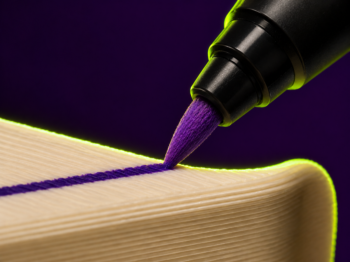 Close-up of a marker nib against a printed surface