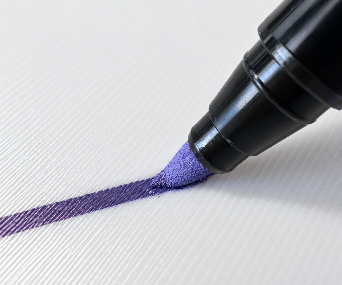 Close-up of a marker nib against a printed surface